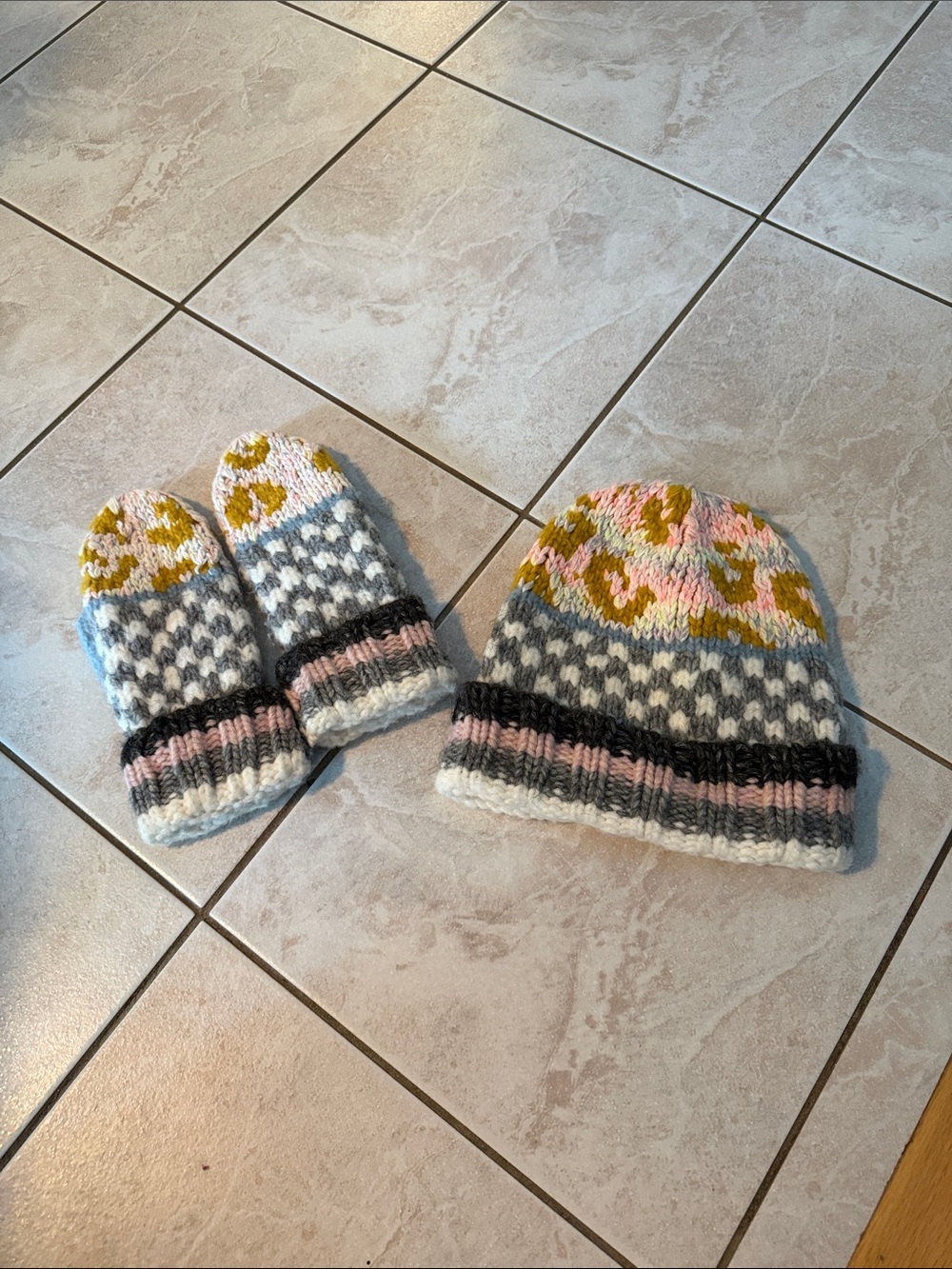Handmade Womens Knit Beanie and Mittens Set - Pink, Gray & Yellow